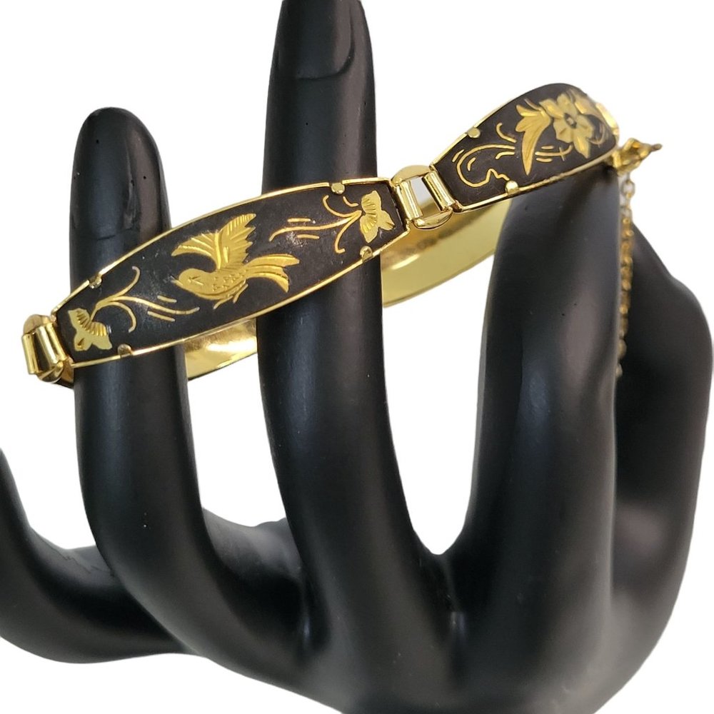 Damascene 24k Gold Plate Etched Panel Bracelet Birds Floral Vintage Safety Chain
